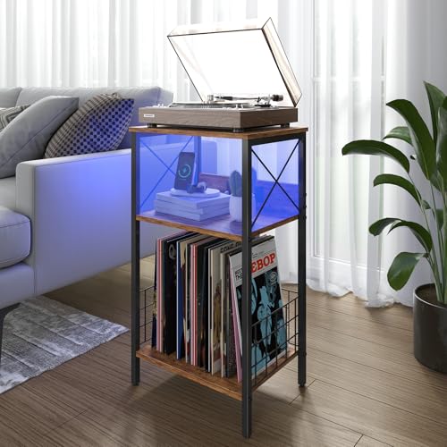 Sthmec 3 Tiers End Table with Charging Station, LED Side Small Table Turntable for Vinyl Storage, Records Player Stand for Albums, Vinyl Holder Shelf Tables for Living Room, Bedroom Rustic Brown Generic