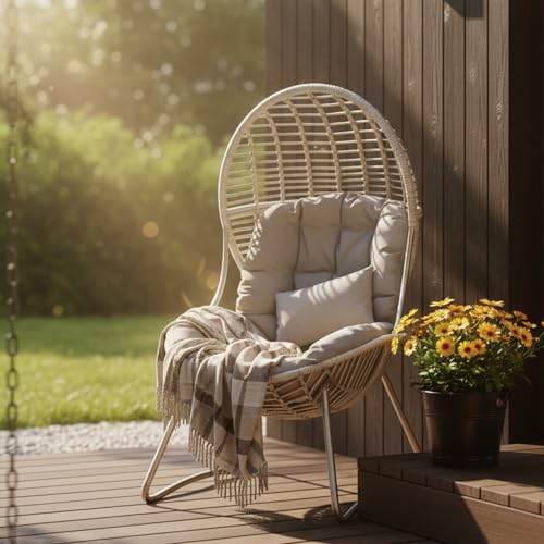 Kingdura Outdoor Wicker Egg Chair with Cushion, Oversized PE Rattan Chair, All-Weather Patio Lounge Chair for Balcony Porch Lawn & Indoor, 440LBS Capacity (Beige) Kingdura