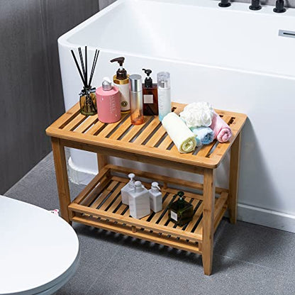 Zoopolyn Bamboo Shower Bench Seat with Storage Shelf Shower Stool Chair for Shaving Legs in Bathroom & Inside Shower Natural