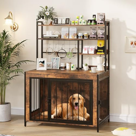 Halitaa 38.6" Dog Crate Furniture with Storage Shelves, Double Doors, Heavy Duty Dog Kennel Furniture for Large/Medium/Small Dogs, Wooden Dog Cage Pet House with Hooks, Rustic Brown Halitaa