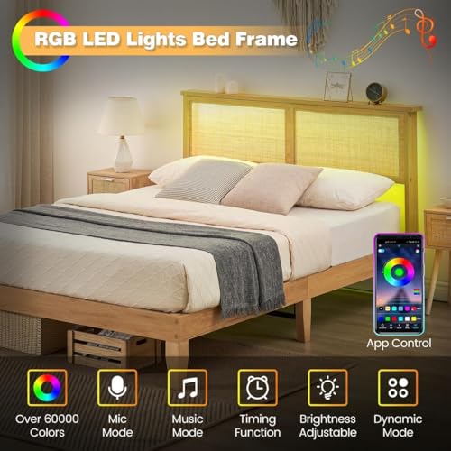 GAOMON Queen Size Rattan Bed Frame, Rattan Bed with LED Light & Natural Headboard, Boho, Storage Space Underneth, Sturdy Wooden Slats Support, No Box Spring Needed GAOMON