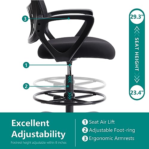 DUMOS Drafting Chair - Counter Height Adjustable Tall Office Desk Chair with Fixed Armrests and Comfortable Lumbar Support for Standing Desk, Deep Black DUMOS