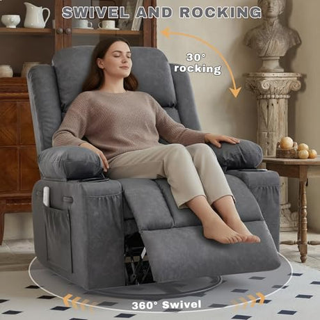 GAOHAPY Rocker Recliner Chair with Heat and Massage,360°Swivel Nursery Recliner Chair for Adults,Modern PU Leather Recliner Single Sofa Seat with 2 Cup Holders and Side Pocket (Grey) GAOHAPY