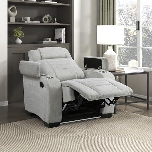 Lexicon Wall Hugger Manual Reclining Chair, Microfiber Manual Recliner with Cup Holders/Hidden Arm Storage/LED Base Lighting, Home Theater Seating for Living Room, Light Gray