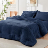 HYMOKEGE Navy Blue King Size Comforter Set Seersucker 7 Pieces, All Season Luxury Bed in a Bag for Bedroom, Bedding Set with Comforters, Sheets, Pillowcases & Shams HYMOKEGE