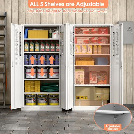 JAORD Metal Storage Cabinet with 5 Adjustable Shelves and Pegboard, 71" H White Garage Storage Cabinet with Doors, Metal File Cabinet for Garage,Home, Office, White, Assembly Required JAORD