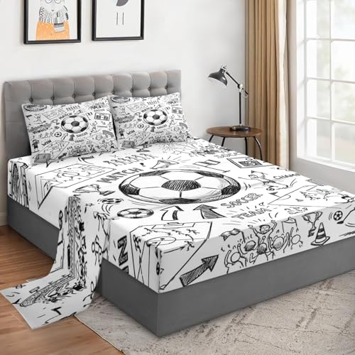 WeCozy Queen Size 4 Pcs Bed Fitted Sheet Set with 14" Deep Pocket, Game Soccer Painting Flat Sheet Set for Kids and Adults, Sport Ball Football Bedding with 2 Pillowcases for Bedroom Decor WeCozy