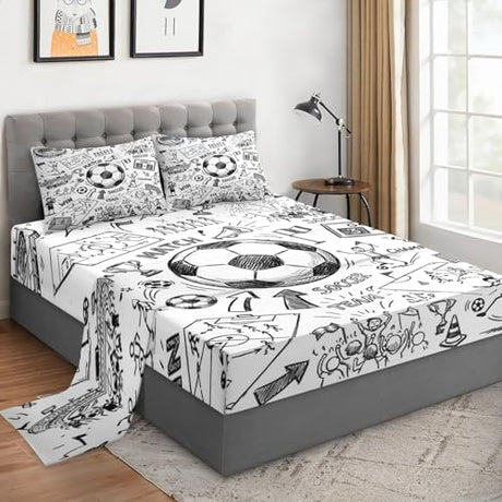 WeCozy Queen Size 4 Pcs Bed Fitted Sheet Set with 14" Deep Pocket, Game Soccer Painting Flat Sheet Set for Kids and Adults, Sport Ball Football Bedding with 2 Pillowcases for Bedroom Decor WeCozy