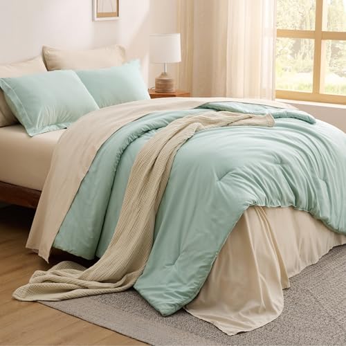 Bedsure Queen Comforter Set - 7 Pieces Sage Green Queen Bedding Set for All Seasons, Boho Contrasting Design Bed in a Bag with Comforter, Sheets, Pillowcases & Shams Bedsure