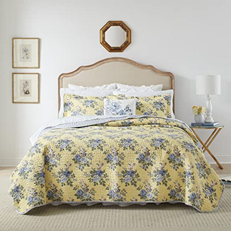 Laura Ashley - Twin Quilt Set, Reversible Cotton Bedding with Matching Sham, Lightweight Home Decor for All Seasons (Linley Yellow, Twin) Laura Ashley