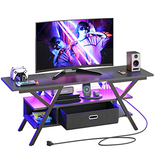 Bestier LED TV Stand with Power Outlets for 65 Inch TV, 55 inch Entertainment Center with Removable Drawer for Living Room Bedroom, Gaming TV Stand 20 Dynamic RGB Modes, Carbon Fiber Black