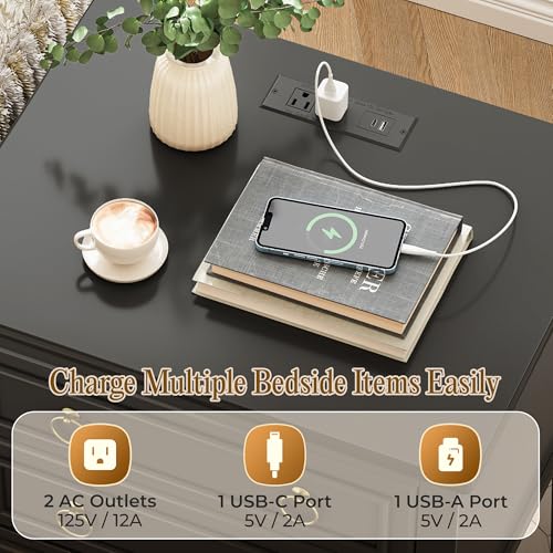 Huuger 27.6 Inch Tall Nightstand with Charging Station, USB-C Port, Larger Night Stand Set of 2, Bedside Table with 2 Drawers, 11.4 Inch Raised Legs, Side Tables End Tables, for Bedroom, Black Huuger