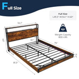BedsPick Full Size Bed Frame with 2-Tier Storage Headboard, Sturdy Metal Platform Bed Frame with Charging Station & LED Lights, Noise-Free/Metal Support/No Box Spring Needed, Rustic Brown BedsPick