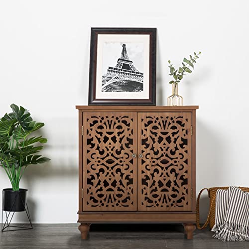 Sophia & William Accent Cabinet with Doors, Distressed Storage Cabinet with Wood Frame and Hollow-Carved Floral Doors for Entryway Living Room, Wood - WoodArtSupply