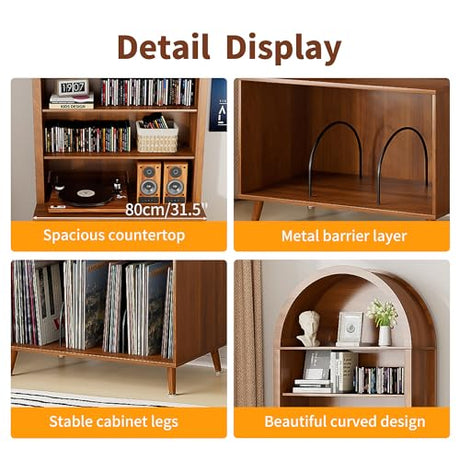 Limaoaio Large Record Player Stand with Vinyl Storage,6-Tier Arched Record Player Table Holds Up 350+ Albums, Turntable Stand with CD/DVD Rack,Vinyl Record Storage for Living Room(Walnut, 31.49''W) Limaoaio