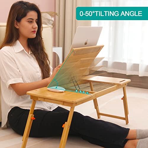 Laptop Desk for Bed, COIWAI Bamboo Lap Desk with Tablet Slot Adjustable Height Angle Foldable Storage Drawer Portable Tray Table Stand for Netebook Computer Breakfast Work Study Reading Writi - WoodArtSupply