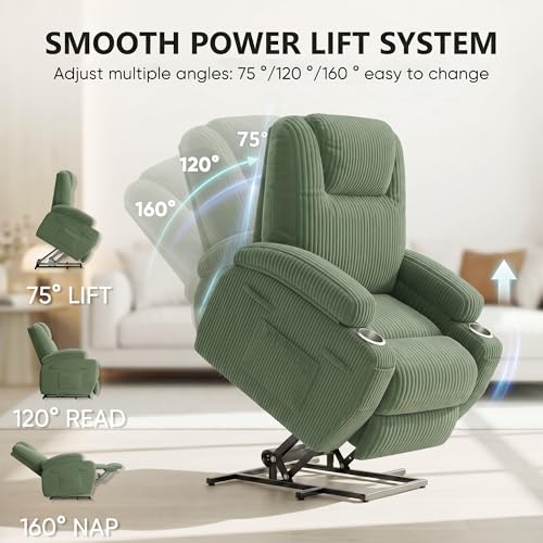 Flamaker Power Lift Chair Massage Recliner Chairs for Elderly, Corduroy Ergonomic Design with Cup Holders & Side Pockets, Remote Control (Green)