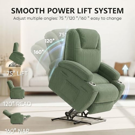 Flamaker Power Lift Chair Massage Recliner Chairs for Elderly, Corduroy Ergonomic Design with Cup Holders & Side Pockets, Remote Control (Green) Flamaker