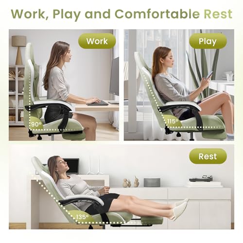 N-GEN GAMING Video Gaming Chair with Footrest Lumbar Support for Home Office High Back Recliner Height Adjustable Ergonomic Comfy Fabric Computer Desk Chair (Green)
