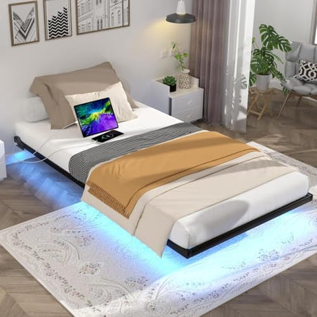 Aelawe Floating Bed Frame Twin Size with LED Lights and Charging Station, Metal Platform Bed, Easy Assembly No Box Spring Needed Aelawe