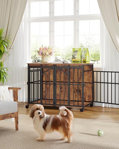 Hzuaneri 37.4" Dog Crate Furniture with Wheels, Wooden Pet Cage Indoor with Barn Door, L Dog Kennel Heavy Duty, Decorative Pet Crate for Small/Medium Dogs, End Table TV Stand, Rustic Brown DFC86201B Hzuaneri