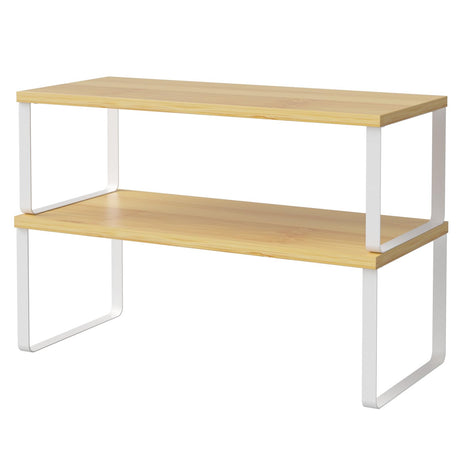 NEX Bamboo Kitchen Cabinet and Counter Shelf Organizer, Stackable & Expandable, White and Natural NEX