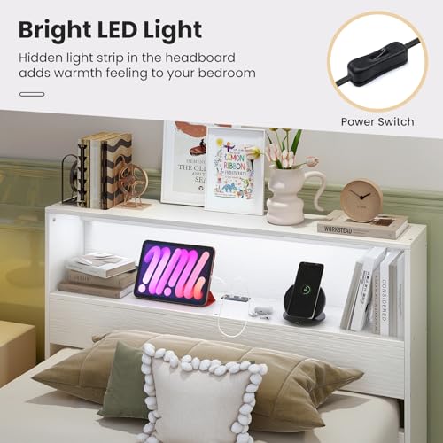 Giantex Twin Bed Frames with Storage Headboard, Wood Platform Bed with Charging Station & LED Light, Single Bed with Slats Support, Under-Bed Space, Twin Bed Frames for Kids Girls Boys (White) Giantex