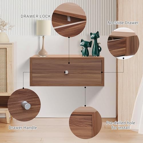 LOFTEY Floating Nightstand with Drawer, Wood Floating Bedside Table, Wall Mounted Nightstand, Floating Drawer for Bedroom, Walnut LOFTEY
