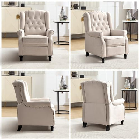 EBELLO Push Back Recliner Chair, Fabric Accent Chair Pushback Recliner with Rivet Decoration, Button-Tufted Back, Mid Century Wingback Armchair for Living Room, Bedroom, Beige EBELLO