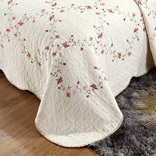 vctops 3-Piece Floral Embroidered Bedspread Coverlet Set 100% Cotton Reversible Patchwork 1 Quilt and 2 Pillow Shams Full/Queen, Flower vctops