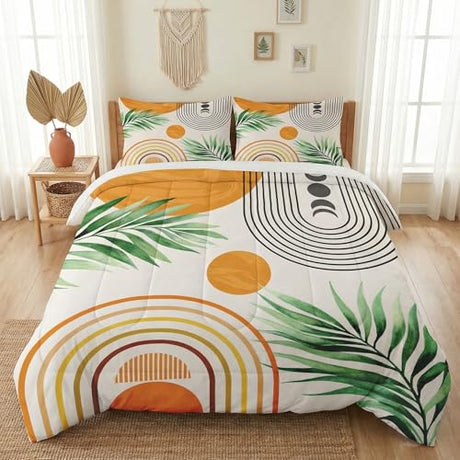 WeCozy King Size Comforter Set with 2 Pillowcases, Contemporary Mid Century 3 Pcs Bedding for Kids and Adults, Rainbow Sun Boho Geometric Soft Comforter Set for Bedroom Bed Decor WeCozy