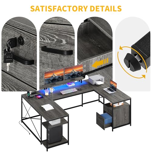 DWVO U Shaped Desk with Drawers, 79" Reversible L Shaped Desk with Power Outlets & LED Lights, Corner Computer Desk with Monitor Stand & Storage Shelves, Grey DWVO