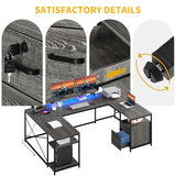 DWVO U Shaped Desk with Drawers, 79" Reversible L Shaped Desk with Power Outlets & LED Lights, Corner Computer Desk with Monitor Stand & Storage Shelves, Grey DWVO