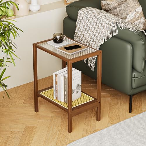 Bamworld Side Table End Table Rattan Night Stand for Small Spaces Bedroom, Living Room, Rattan Glass Bamboo Coffee Bedside End Table 2-Tier with Storage Boho Bamworld