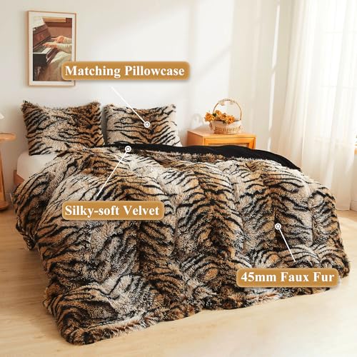 XeGe Tiger Print Fluffy Faux Fur Duvet Cover Set, 3 Pieces Soft Plush Shaggy Fuzzy Bedding Set(1 Faux Fur Animal Comforter Cover + 2 Furry Pillowcases), Zipper Closure(King, Tiger Print Brown) XeGe