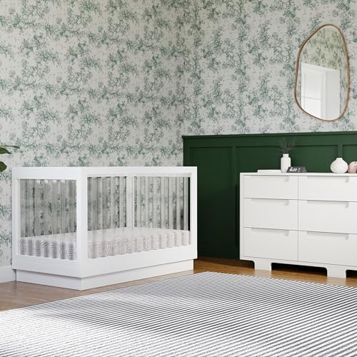 Babyletto Harlow Acrylic 3-in-1 Convertible Crib with Toddler Bed Conversion Kit in White with Acrylic Slats, Greenguard Gold Certified