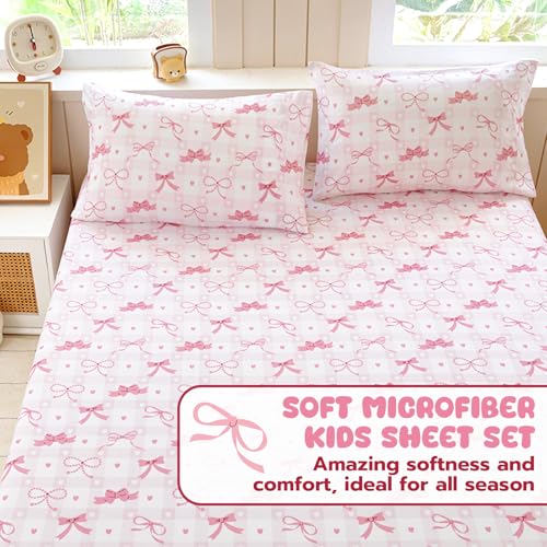 Homilay Full Sheet Set Kids - Pink Check 4 Pieces Soft Microfiber Cartoon Style Bedsheets for Boys Girls Teens, Oeko TEX Breathable 15 Inch Deep Pocket Sheets(Pink Bow) Homilay