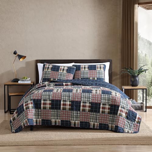 Eddie Bauer - Queen Quilt Set, Cotton Reversible Bedding with Matching Shams, Luxurious Bedding Set (Madrona Navy/Red, Queen) Eddie Bauer