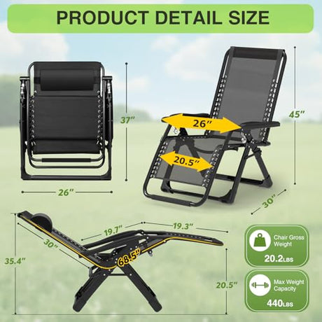 Suteck Zero Gravity Chair Set of 2, Reclining Camping Lounge Chair w/Removable Cushion, Upgraded Lock and Cup Holder, Reclining Patio Chairs Folding Recliner for Indoor and Outdoor Suteck