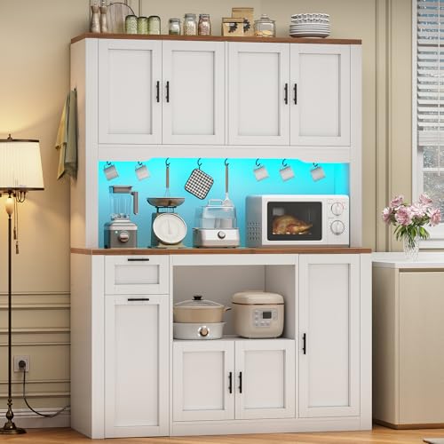 Itaar 71" Pantry Cabinet with Charging Station and LED Light, Kitchen Pantry Cabinet with Microwave Stand, 47.2" Wide Kitchen Storage Cabinets with Storage Cart 3 Tier for Dining Room, White Itaar