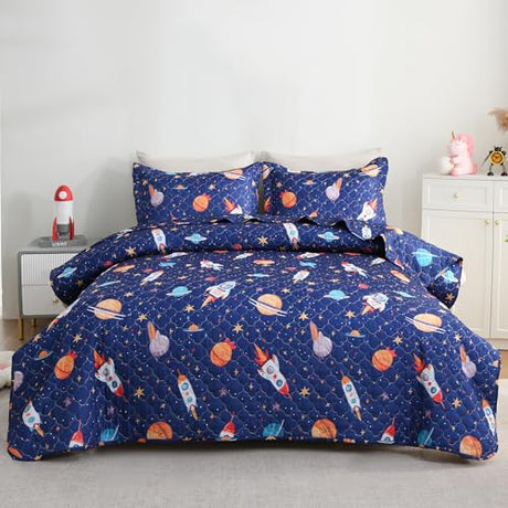 CIMVI Space Rocket Universe Quilt Set Twin for Kids Boys Bedding Sets with Pillowcase Soft Microfiber Bedspread Lightweight Cute Summer Quilted Blanket All-Season CIMVI