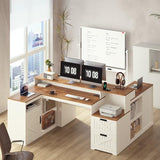 TVU Farmhouse L Shaped Desk with Drawers, 62.2" Home Office Desk with Storage Shelves and Power Outlet, L Shaped Computer Desk with Monitor Stand and Printer Shelf, Brown and White TVU