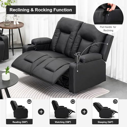 COMHOMA Recliner Chair Set，Furniture Bonded Leather Recliner Set Living Room Set, Sofa, Loveseat, (Black, Living Room Set 2+1)