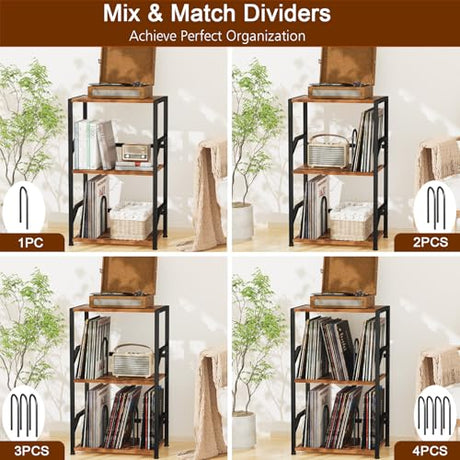 LOAKEKEL Record Player Stand, Vinyl Record Storage Up to 200 Albums, 3 Tier End Table with Removable Dividers, Tall Side Table for Living Room, Bedroom, Rustic Brown, HETCD010BR-1 LOAKEKEL