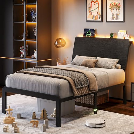 Einhomn Twin Bed Frame with Ergonomic Wooden Storage Headboard, LED Bed Frame with Charging Station, 12" UnderBed Storage, Heavy-Duty Metal Base, No Box Spring Needed, Easy Assembly, Black Einhomn