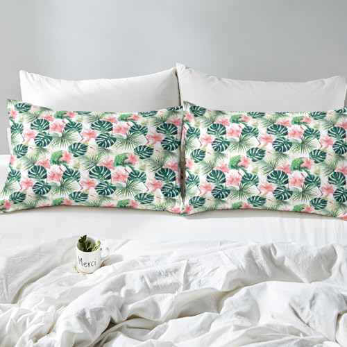 Feelyou Palm Leaf Sheet Set King Size Kids Flower Floral Palm Tree Print Sheets with Deep Pocket Fitted Sheet for Boys Girls Teens Botanical Nature Theme Bed Sheets Set Summer Nature Theme Bedding Set Feelyou