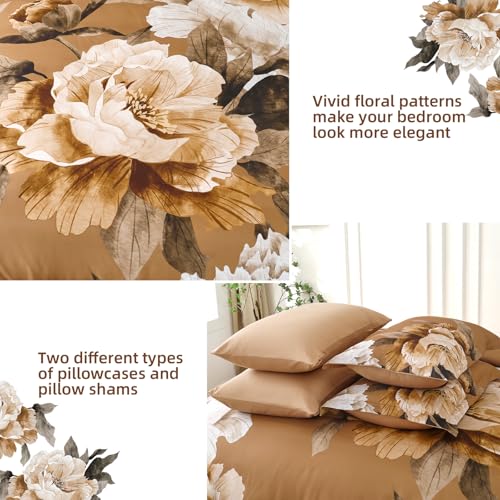 Dobuyly Brown Comforter Set Queen Size 7 Piece Bed in a Bag, Floral Printed on Brown Comforter Set with Sheets, Soft Microfiber Botanical Fall Complete Bedding Set for All Season Dobuyly