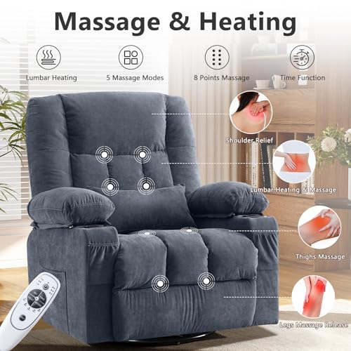 Swivel Rocker Recliner Chair with Vibration Massage and Heat Ergonomic Lounge Chair for Living Room with Rocking Function and Side Pocket, 2 Cup Holders, USB Charge Port