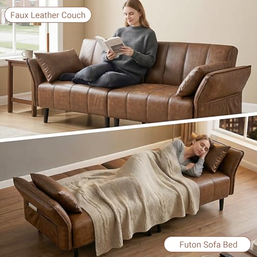 GULFXDS 77" Mid Century Modern Futon Sofa Bed, Comfy Faux Leather Couch with Adjustable Backrest & Armrest, Upholstered Sleeper Sofa for Living Room, Apartment, Home Office (Brown) GULFXDS