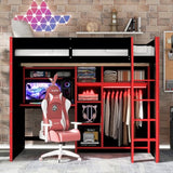 Merax Wood Loft Bed with Desk, Open Wardrobe, Storage Compartments and RGB Lights, Full Size, Red Merax